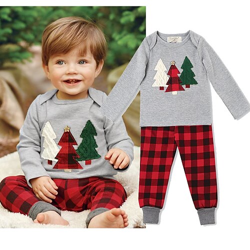 

2 Pieces Toddler Boys Christmas T-shirt & Pants Clothing Set Outfit Plaid Christmas Tree Long Sleeve Cotton Set Vacation Daily Winter Fall 1-5 Years Gray