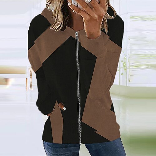

Women's Casual Jacket Warm Breathable Outdoor Street Going out Casual Daily Zipper Pocket Print Zipper Hoodie Preppy Style Color Block Regular Fit Outerwear Long Sleeve Winter Fall Brown S M L XL XXL