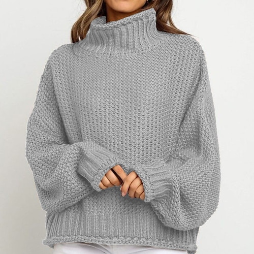 

Women's Pullover Sweater Jumper Cable Knit Knitted Pure Color Turtleneck Stylish Basic Daily Going out Fall Winter Gray Purple S M L / Cotton / Long Sleeve