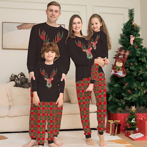 

Family Look Christmas Pajamas Deer Check Home Black Long Sleeve Daily Matching Outfits