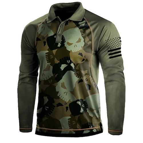

Men's Collar Polo Shirt Golf Shirt Skull Turndown Army Green 3D Print Outdoor Halloween Long Sleeve Button-Down Print Clothing Apparel Vintage Cool Designer Casual