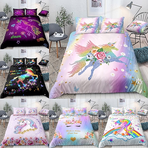 

Unicorn Duvet Cover Set Hotel Bedding Sets Comforter Cover 3 Pcs, Include 1 Duvet Cover, 2 Pillowcases for Double/Queen/King(1 Pillowcase for Twin/Single)