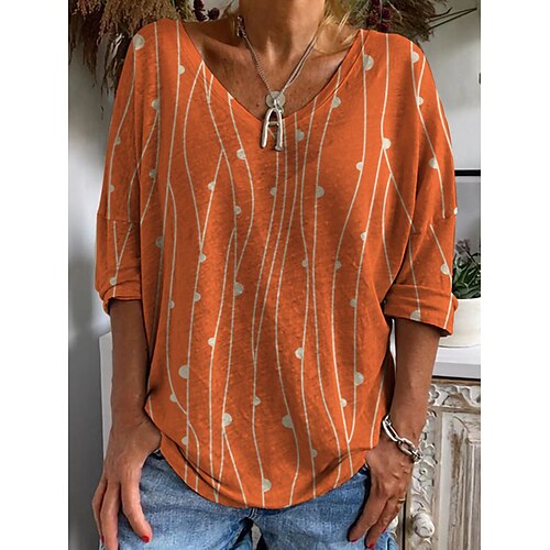 

Women's Blouse Shirt Yellow Orange Brown Striped Print 3/4 Length Sleeve Daily Weekend Streetwear V Neck Regular S / 3D Print