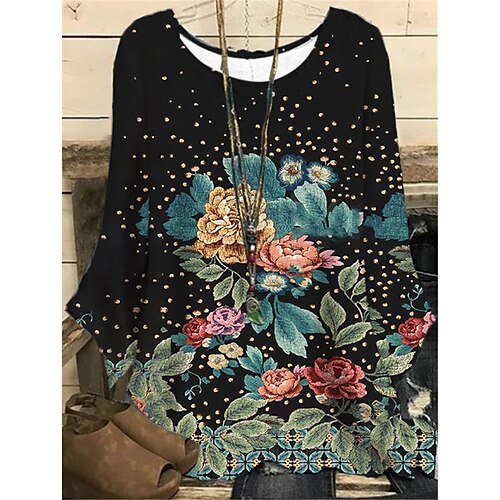 

Women's Plus Size Tops Blouse Shirt Floral Print Long Sleeve Round Neck Casual Daily Vacation Polyester Fall Winter Yellow Black