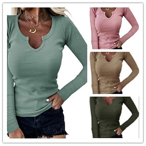 

Women's T shirt Tee Solid Colored Basic V Neck Standard Spring Green Pink khaki Gray