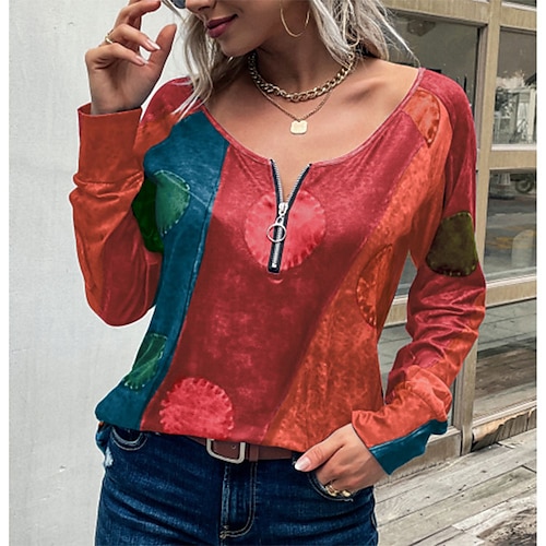 

Women's Blouse Shirt Blue Purple Fuchsia Graphic Quarter Zip Print Long Sleeve Casual Weekend Streetwear Round Neck Regular S / 3D Print