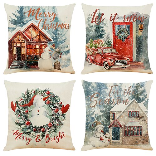 

Christmas Double Side Throw Pillow Cover 4PC Snowy House Soft Decorative Square Cushion Pillowcase for Bedroom Livingroom Sofa Couch Chair Machine Washable