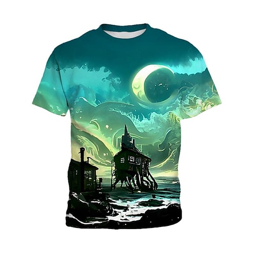 

Infantil Para Meninos Camisa Gráfico Ao ar livre Impressão 3D Manga Curta Crewneck Legal 4-12 anos Inverno Verde