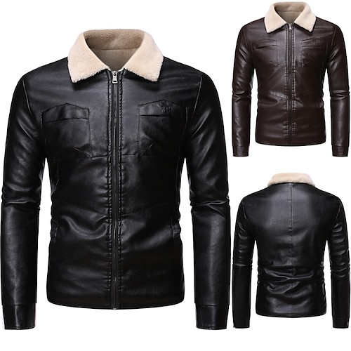 

Men's Faux Leather Jacket Thermal Warm Windproof Rain Waterproof Outdoor Business Casual Zipper Lapel Casual Jacket Outerwear Pure Color Faux Fur Trim Coffee Black / Fall / Long Sleeve