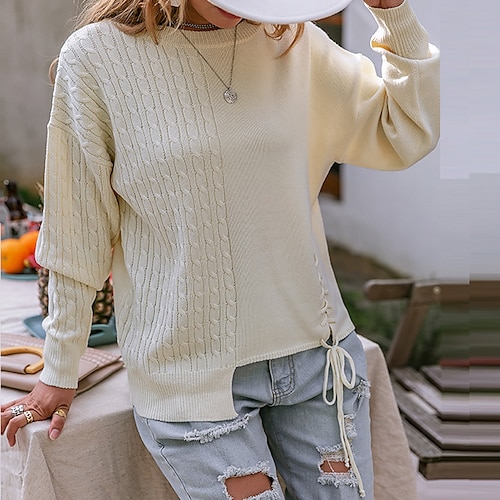 

Women's Pullover Sweater jumper Jumper Cable Knit Tunic Knitted Pure Color Crew Neck Stylish Casual Outdoor Daily Winter Fall White S M L / Long Sleeve / Holiday / Regular Fit / Going out