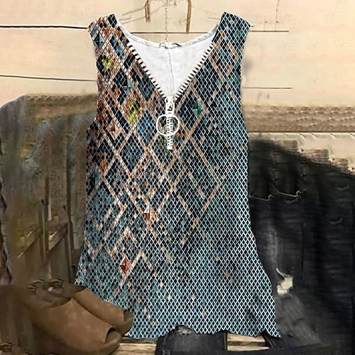 

Women's Plus Size Tops Tank Top Geometry Zipper Print Sleeveless V Neck Streetwear Daily Holiday Cotton Spandex Jersey Spring Summer Blue