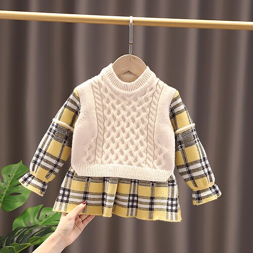 

Kids Girls' Dress Plaid Two Piece Dress Asymmetrical Dress Daily Cotton Long Sleeve Casual Dress 1-5 Years Winter Yellow Khaki