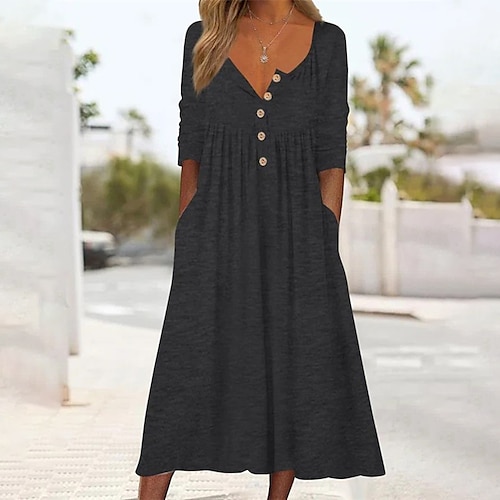 

Women's Casual Dress A Line Dress Midi Dress Green Black Blue Beige Long Sleeve Pure Color Pocket Button Print Fall Winter V Neck Stylish Casual Modern 2022 S M L XL XXL 3XL