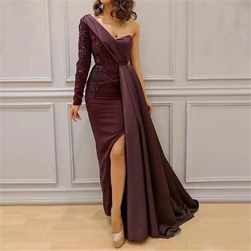 

Women's Party Dress Swing Dress Long Dress Maxi Dress Purple Long Sleeve Pure Color Split Winter Fall Autumn One Shoulder Party Winter Dress Evening Party Slim 2022 S M L XL 2XL