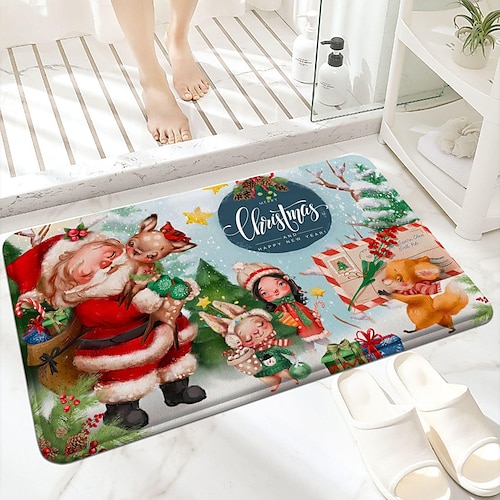 

Christmas Bath Mat Flannel Super Absorbent Toilet Door Quick-Drying Foot Mat Entry Door Mat Christmas Decor Non-Slip Mat