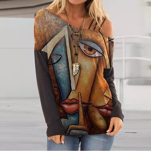 

Women's Blouse Shirt Yellow Brown Portrait Print Long Sleeve Daily Weekend Streetwear Casual One Shoulder Regular S / 3D Print