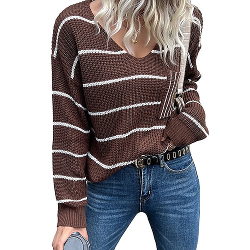 

Women's Pullover Sweater jumper Jumper Ribbed Knit Knitted Striped V Neck Stylish Casual Outdoor Daily Winter Fall Coffee S M L / Long Sleeve / Holiday / Regular Fit / Going out