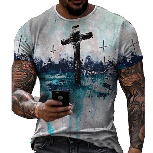 

Men's Unisex T shirt Tee Graphic Prints Cross Crew Neck Blue Short Sleeve 3D Print Outdoor Street Print Tops Sports Designer Casual Big and Tall / Summer / Summer