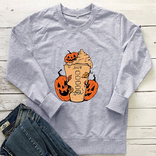 

Women's Plus Size Tops Pullover Sweatshirt Letter Pumpkin Print Long Sleeve Crewneck Casual Halloween Halloween Spirit Halloween Cotton Fall Winter Green White