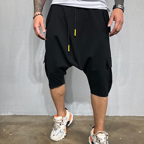 

Men's Crop Trousers Baggy Casual Pants Jogger Pants Drawstring Elastic Waist Solid Color Comfort Breathable Calf-Length Casual Daily Streetwear Cotton Blend Fashion Boho Black Gray Micro-elastic