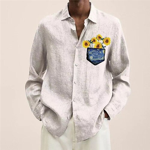 

Men's Shirt Graphic Sunflower Turndown White Long Sleeve Hot Stamping Outdoor Street Button-Down Print Tops Fashion Designer Casual