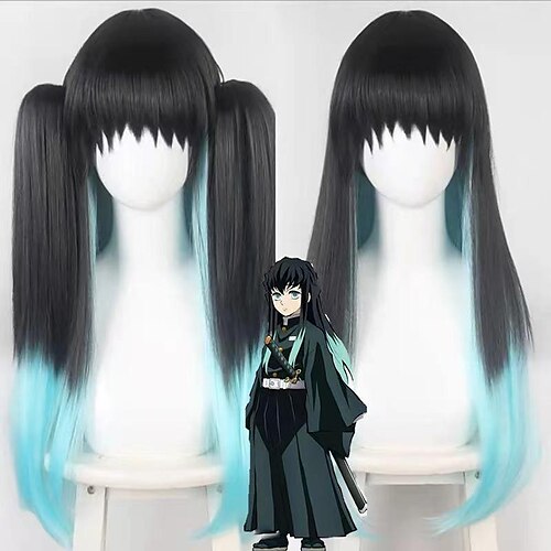 

Cosplay Wig Tokitou Muichirou Demon Slayer Natural Straight With Bangs With Ponytail Machine Made Wig 32 inches Shitou no Ichiro straight hair style Shitou Wuyilang Tiger Clip Synthetic Hair