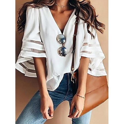 

Women's Blouse Shirt Blue Pink Red Plain 3/4 Length Sleeve Daily Weekend Streetwear Casual V Neck Regular Loose Fit S