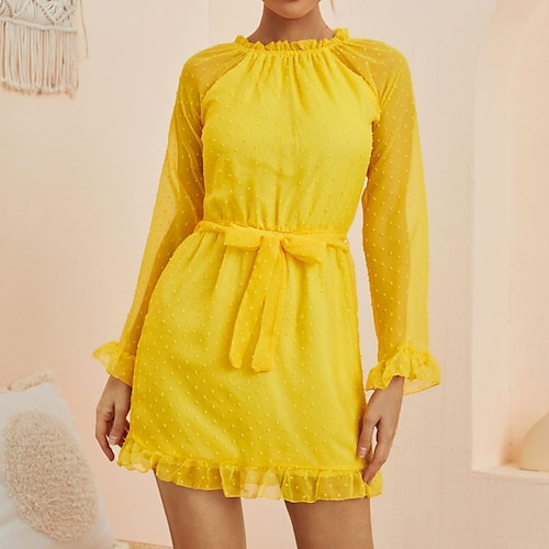

Women's Casual Dress Black Yellow Gray Long Sleeve Pure Color Ruffle Winter Fall Autumn Crew Neck Winter Dress Fall Dress 2022 S M L