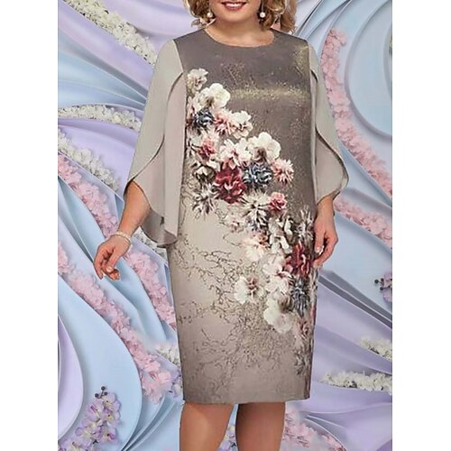 

Women's Plus Size Party Dress Floral Crew Neck 3/4 Length Sleeve Fall Winter Elegant Midi Dress Formal Party Dress