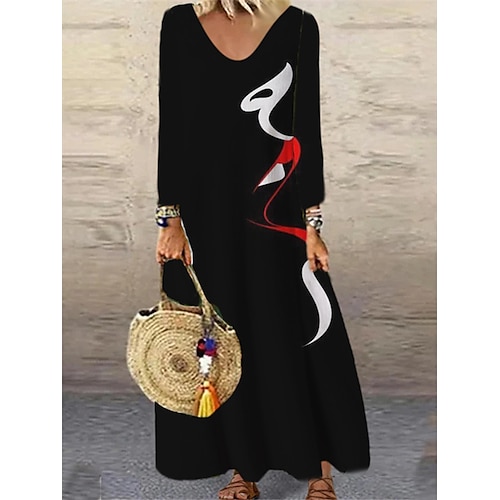 

Women's Casual Dress Shift Dress Long Dress Maxi Dress Black And White Black White Long Sleeve Print Winter Fall Autumn Crew Neck Winter Dress Weekend Fall Dress 2022 S M L XL 2XL 3XL 4XL 5XL 6XL