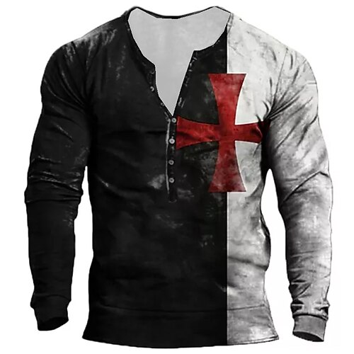 

Men's Henley Shirt T shirt Tee Tee Graphic Color Block Templar Cross Henley Black 3D Print Plus Size Outdoor Daily Long Sleeve Button-Down Print Clothing Apparel Basic Designer Classic Comfortable