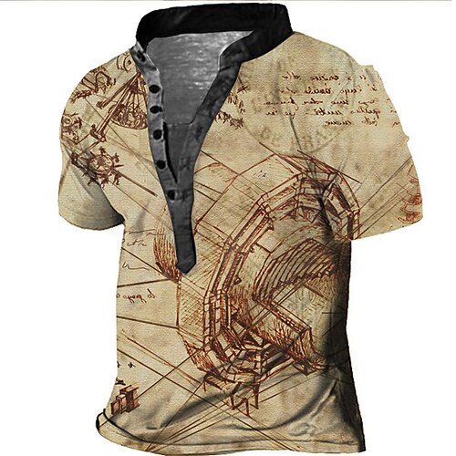 

Men's T shirt Tee Henley Shirt Tee Graphic Machine Stand Collar Khaki 3D Print Plus Size Outdoor Daily Short Sleeve Button-Down Print Clothing Apparel Basic Designer Casual Big and Tall / Summer