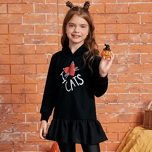 

Kids Little Girls' Dress Cat Letter Animal A Line Dress Daily Holiday Vacation Ruffle Print Black Above Knee Long Sleeve Casual Cute Sweet Dresses Fall Winter Regular Fit 3-12 Years