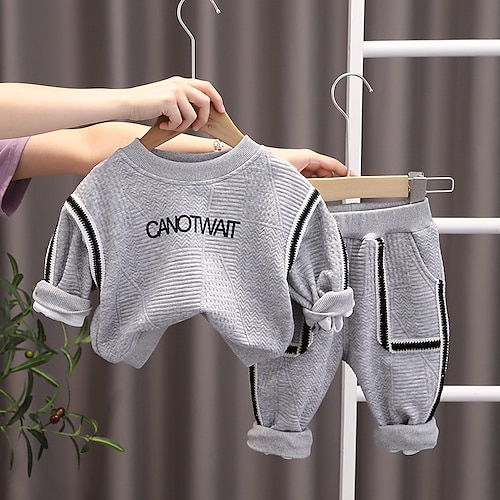 

Kids Toddler Boys Hoodie Pants Clothing Set 2 Pieces Long Sleeve White Black Light gray Letter Crewneck Daily Casual
