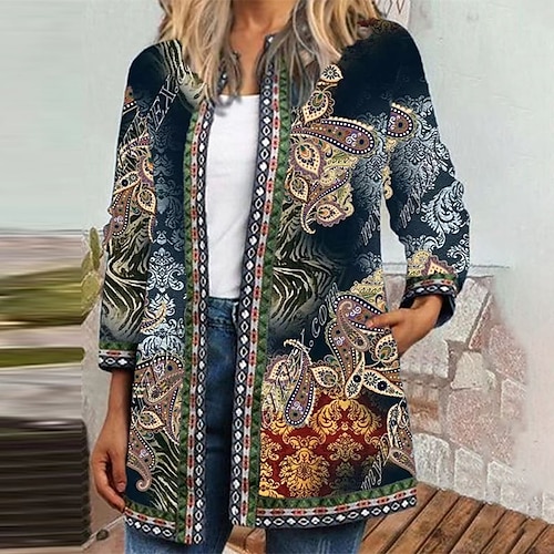 

Women's Casual Jacket Windproof Warm Outdoor Street Daily Vacation Pocket Print Cardigan Crewneck Vintage Simple Street Style Geometric Regular Fit Outerwear Long Sleeve Winter Fall Green Dark Blue