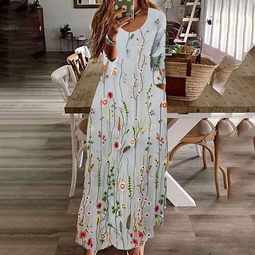 

vestido floral de mujer vestido largo vestido maxi gris claro gris oscuro gris manga larga bolsillo floral invierno otoño cuello en v vestido de invierno moderno vestido de otoño de fin de semana