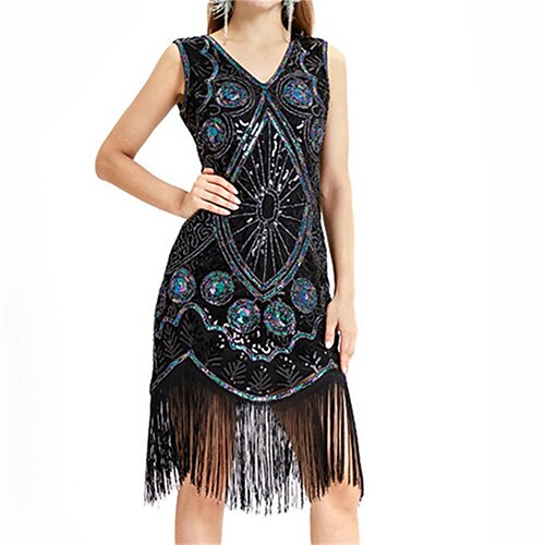 

Women's Fringe Dress Sequin Dress Knee Length Dress Black Apricot Sleeveless Embroidery Sequins Tassel Fringe Fall Winter V Neck Vintage Party Party 2022 S M L XL XXL