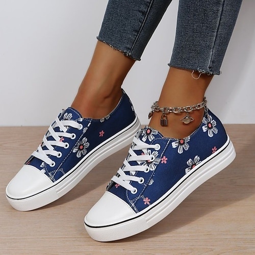 

Women's Sneakers Canvas Shoes Flat Heel Round Toe Canvas Lace-up Blue