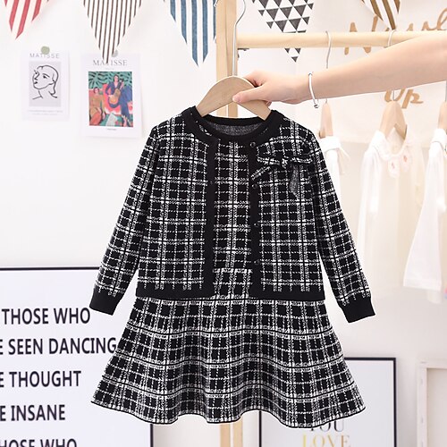 

Kids Girls' Dress Plaid Two Piece Dress Asymmetrical Dress Daily Cotton Long Sleeve Princess Dress 2-8 Years Winter Black Pink Red