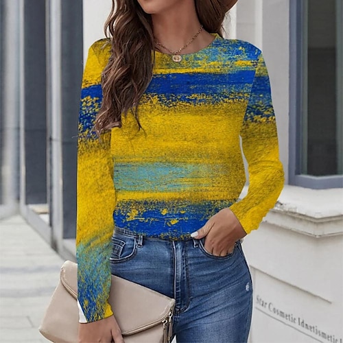 

Women's T shirt Tee Yellow Graphic Graffiti Print Long Sleeve Casual Daily Vintage Round Neck Regular Painting S / 3D Print