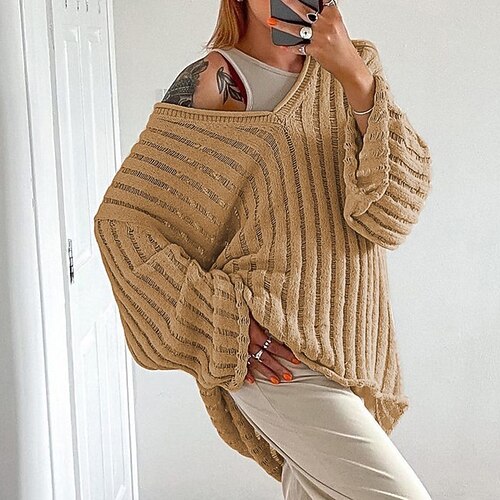 

Women's Pullover Sweater jumper Jumper Chunky Knit Knitted Pure Color V Neck Stylish Casual Outdoor Holiday Winter Fall Khaki Orange S M L / Cotton / Long Sleeve / Cotton / Regular Fit / Going out
