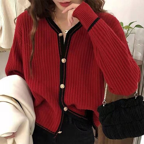 

Women's Cardigan Sweater Jumper Ribbed Knit Patchwork Button Color Block V Neck Stylish Casual Outdoor Daily Fall Winter Blue Red One-Size / Long Sleeve