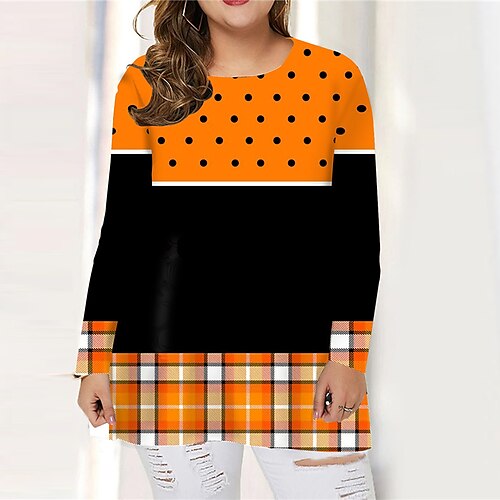 

Women's Plus Size Tops T shirt Tee Plaid Pumpkin Print Long Sleeve Crewneck Casual Festival Halloween Halloween Daily Cotton Spandex Jersey Fall Winter Yellow Orange / 3D Print