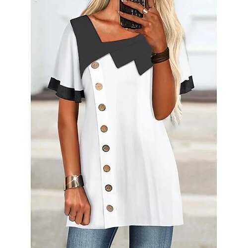 

Women's T shirt Tee Color Block Casual Weekend T shirt Tee Short Sleeve Button V Neck Basic White S