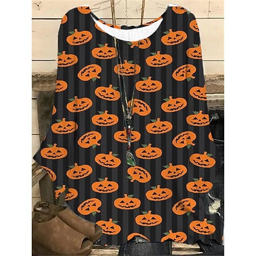 

Women's Plus Size Tops Blouse Shirt Pumpkin Striped Print Long Sleeve Crewneck Casual Halloween Halloween Daily Polyester Fall Winter Yellow Orange