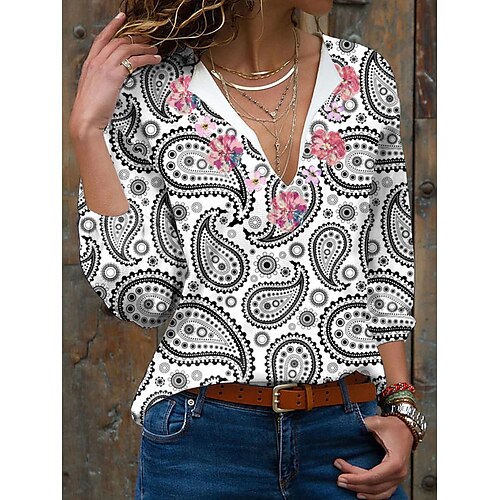 

Women's Blouse Shirt Black Paisley Print Long Sleeve Daily Weekend Streetwear Casual V Neck Regular S