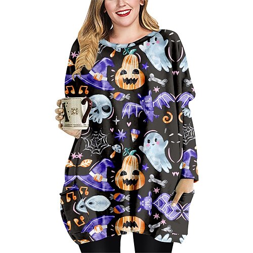 

Women's Plus Size Tops Blouse Skull Pumpkin Pocket Print Long Sleeve Crewneck Festival Halloween Halloween Spirit Halloween Polyester Fall Winter Black