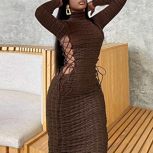 

Women's Party Dress Bodycon Sheath Dress Long Dress Maxi Dress Green Black Brown Long Sleeve Pure Color Ruched Winter Fall Autumn Turtleneck Winter Dress Evening Party Wedding Guest 2022 S M L