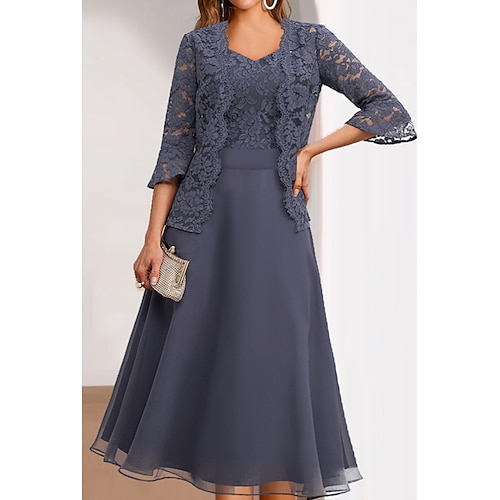 

Women's Lace Dress Dress Set Two Piece Dress Midi Dress Dark Gray 3/4 Length Sleeve Floral Ruched Winter Fall Spring V Neck Elegant Dress Wedding Winter Dress Birthday 2022 S M L XL XXL 3XL
