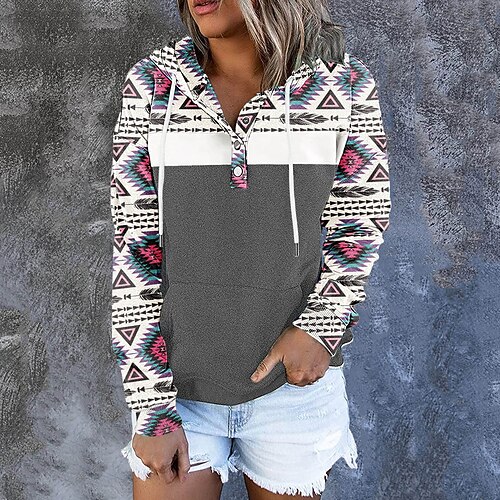 

Women's Pullover Hoodie Sweatshirt Pullover Geometric Front Pocket Print Daily Sports 3D Print Active Ethnic Clothing Apparel Hoodies Sweatshirts Black Blue